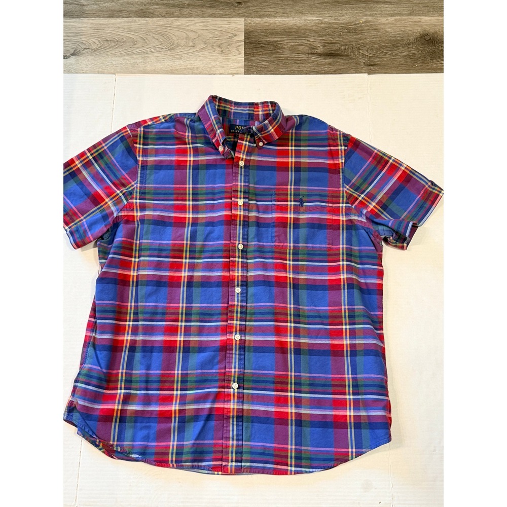 Polo Ralph Lauren Mens XL Classic Fit Plaid Short Sleeve Button Down Shirt Blue